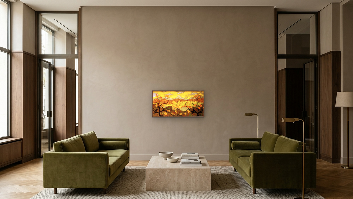 The Vines by Paul Elie Ranson, shown at 20 × 40 in (50.8 × 101.6 cm) on canvas in Arber Warm Walnut, hotel lobby