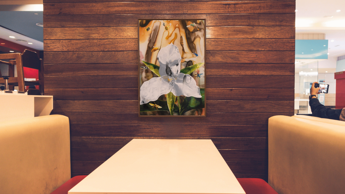 Trillium by Alexis Rockman, shown at 28 × 42 in (71.1 × 106.7 cm) on canvas in Arber Warm Walnut, restaurant