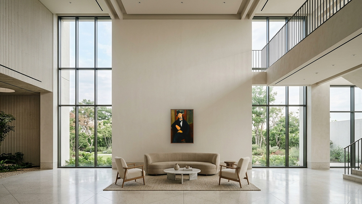 Portrait of Mario by Amedeo Modigliani, shown at 28 × 42 in (71.1 × 106.7 cm) on canvas in Arber Warm Walnut, hotel lobby