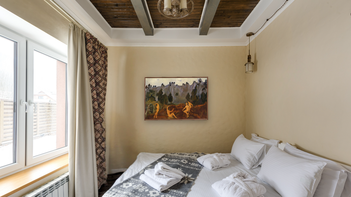 The Hesitation of Orestes by Arthur Bowen Davies, shown at 28 × 42 in (71.1 × 106.7 cm) on canvas in Arber Warm Walnut, hotel guest room