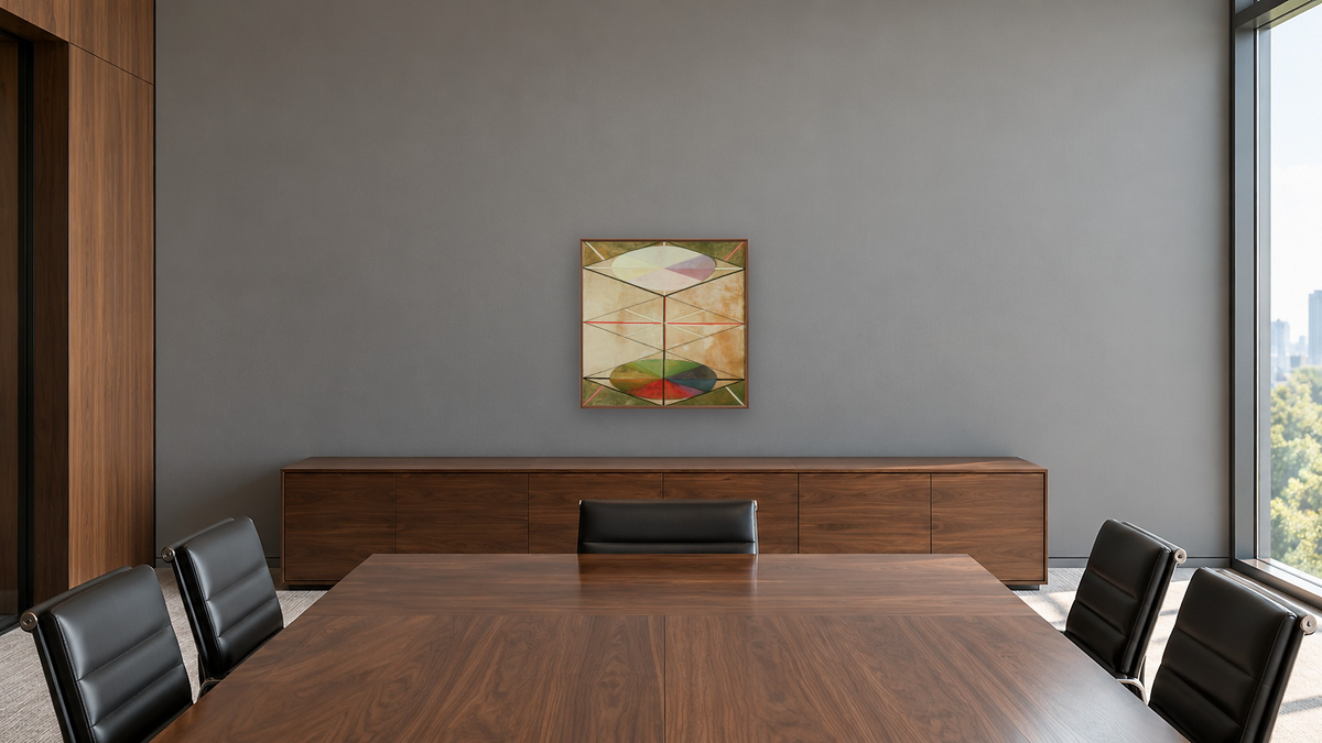 Group IX/SUW, No. 23, The Swan by Hilma af Klint, shown at 32 × 32 in (81.3 × 81.3 cm) on canvas in Arber Warm Walnut, boardroom