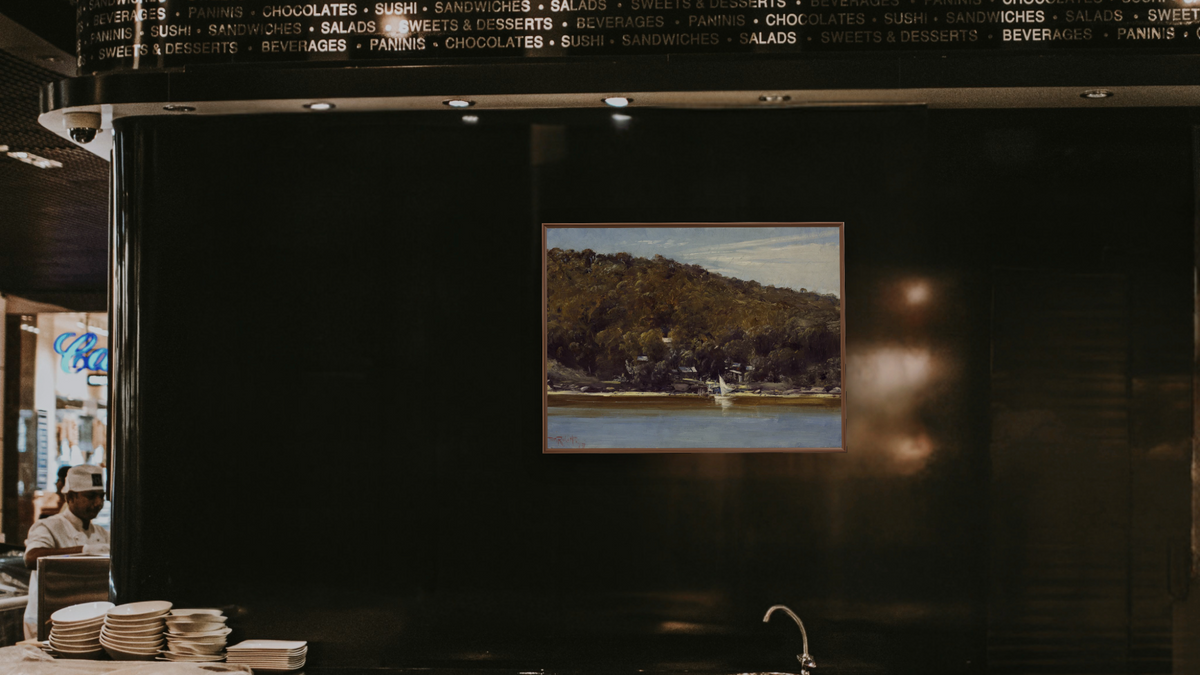 The camp, Sirius Cove by Tom Roberts, shown at 30 × 40 in (76.2 × 101.6 cm) on canvas in Arber Warm Walnut, restaurant