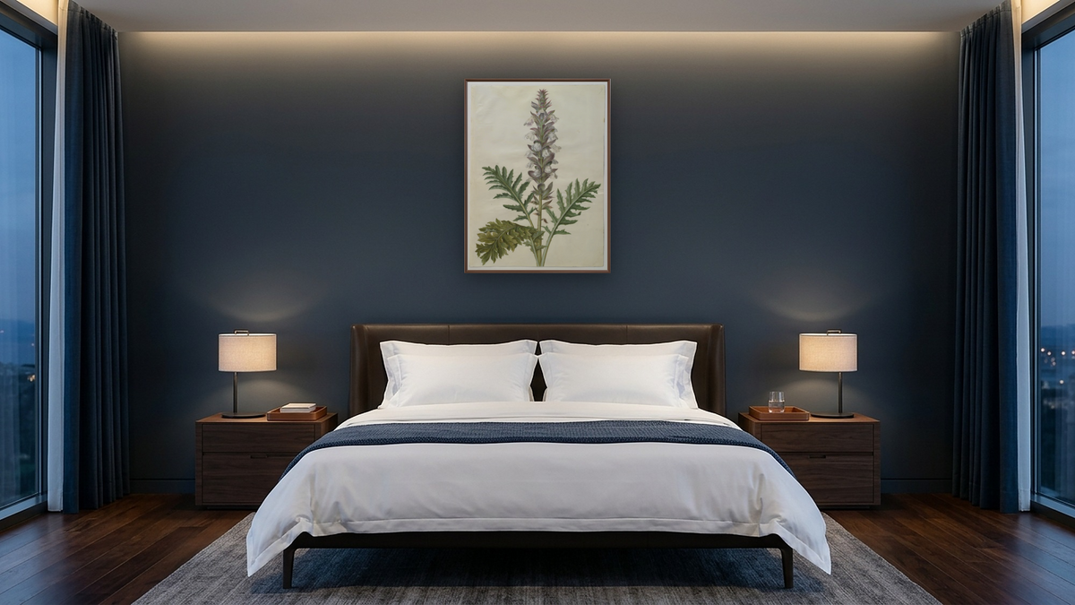 Acanthus mollis by Johannes Simon Holtzbecher, shown at 30 × 40 in (76.2 × 101.6 cm) on canvas in Arber Warm Walnut, hotel guest room
