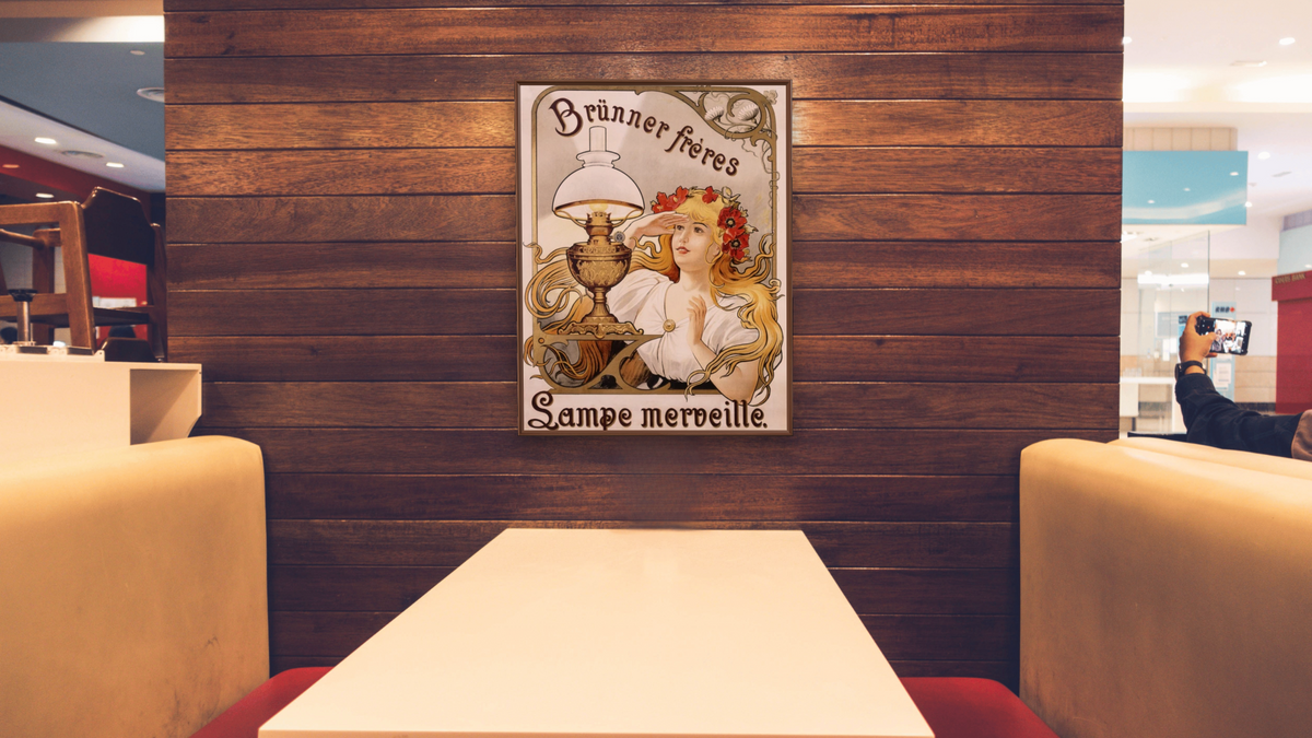Brunner Freres Austrian Advertising Poster, shown at 30 × 40 in (76.2 × 101.6 cm) on canvas in Arber Warm Walnut, restaurant