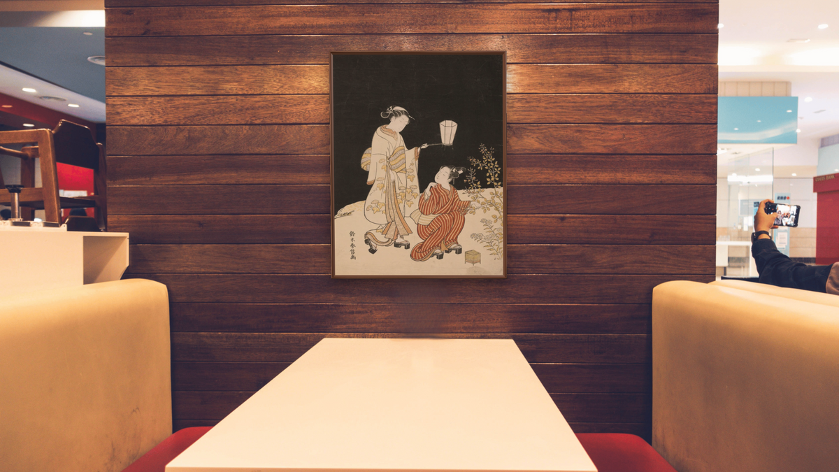 Searching for Fireflies by Suzuki Harunobu, shown at 30 × 40 in (76.2 × 101.6 cm) on canvas in Arber Warm Walnut, restaurant
