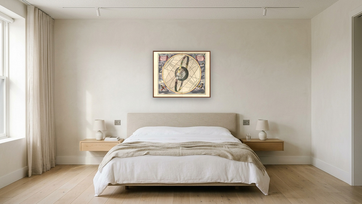 Plate 17 from Harmonia Macrocosmica by Andreas Cellarius, shown at 32 × 40 in (81.3 × 101.6 cm) on canvas in Arber Warm Walnut, hotel guest room