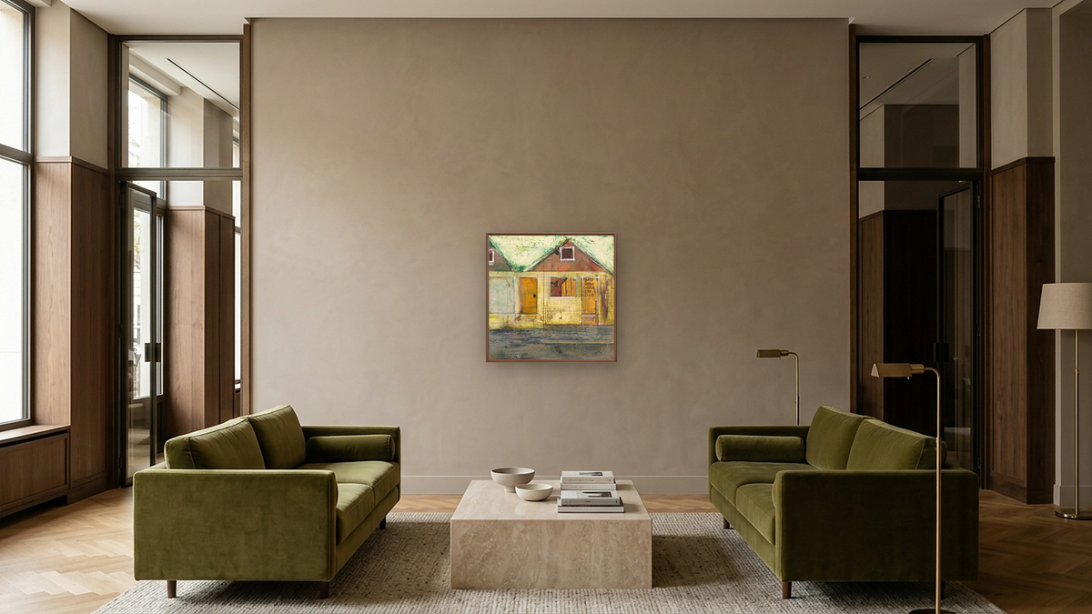 Caciola Place by Dobee Snowber, shown at 32 × 32 in (81.3 × 81.3 cm) on canvas in Arber Warm Walnut, hotel lobby