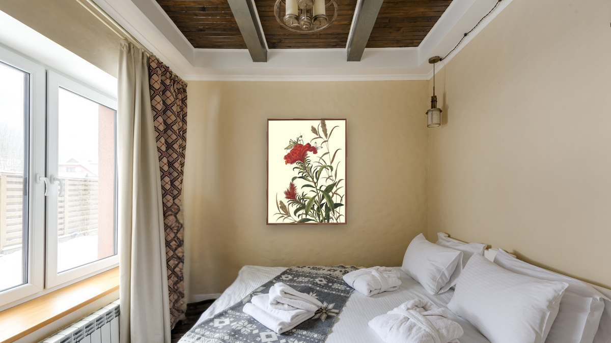 Cockscomb with praying mantis by Pierre Joseph Buchoz, shown at 30 × 40 in (76.2 × 101.6 cm) on canvas in Arber Warm Walnut, hotel guest room