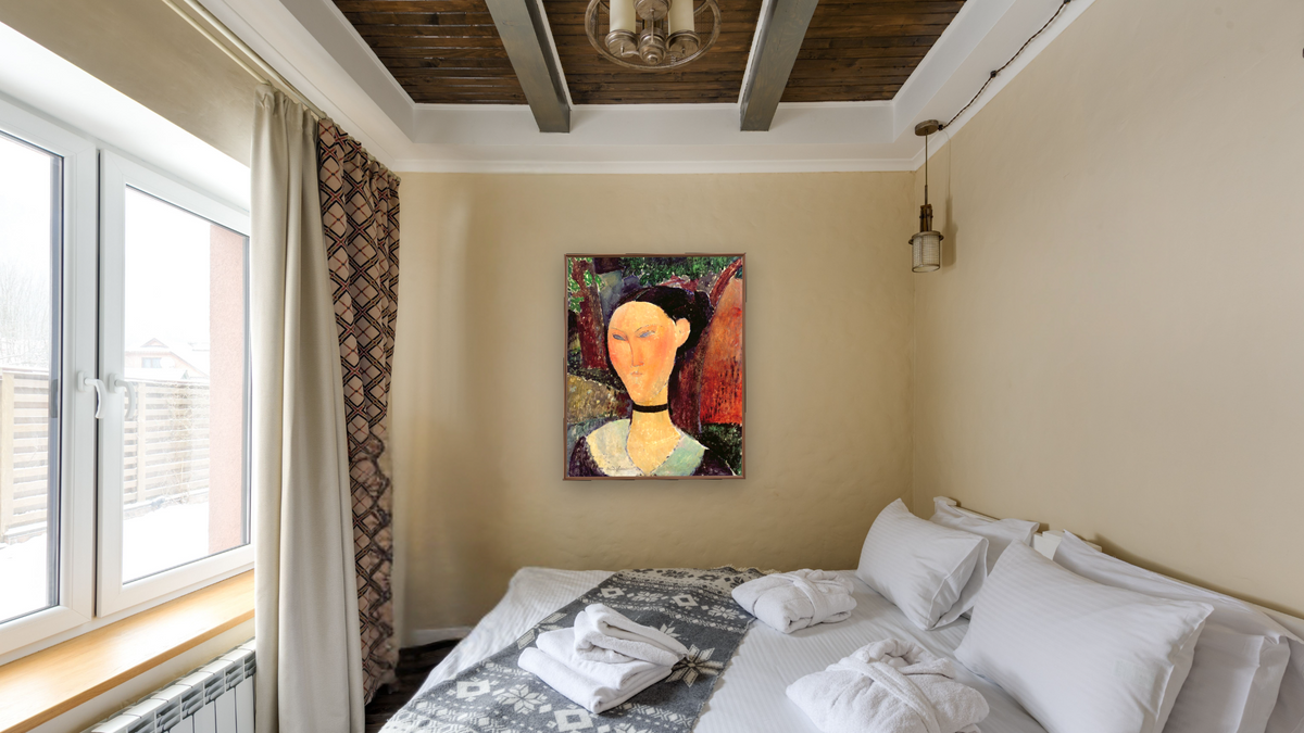 Woman with a Velvet Neckband by Amedeo Modigliani, shown at 32 × 40 in (81.3 × 101.6 cm) on canvas in Arber Warm Walnut, hotel guest room