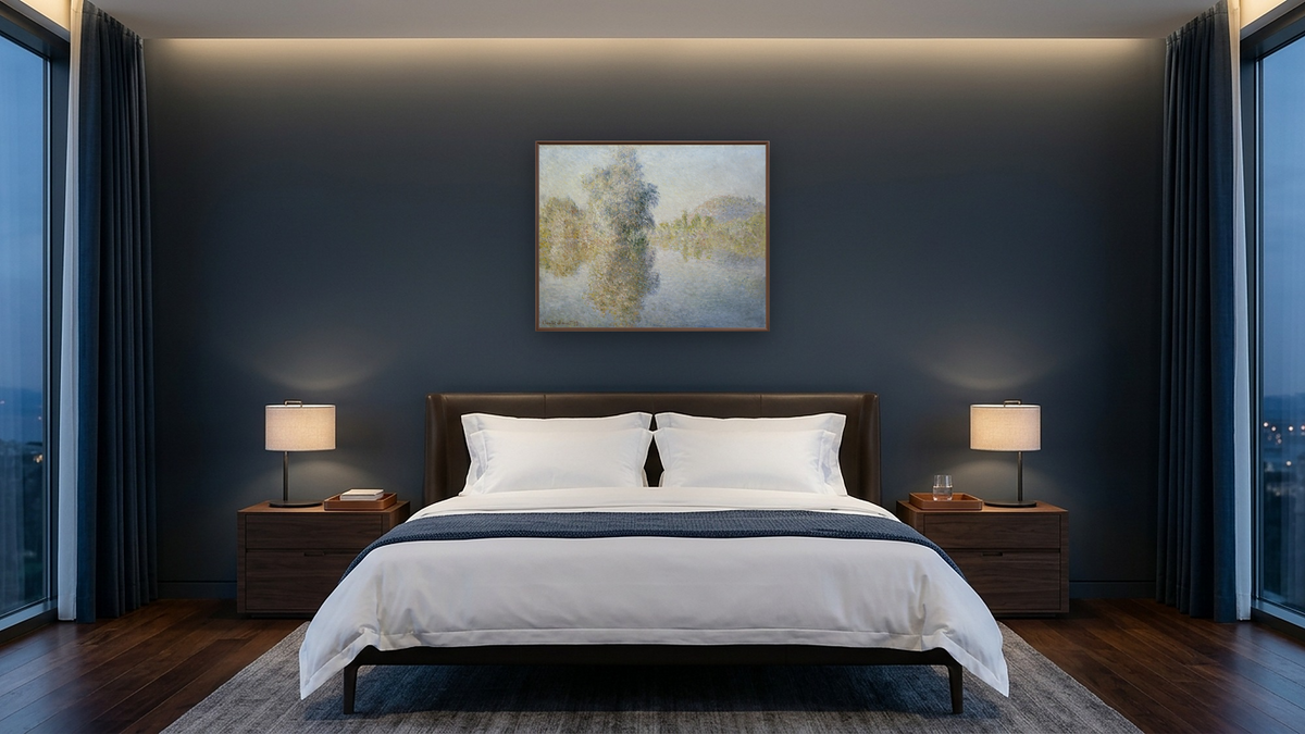 Early Morning On The Seine at Giverny by Claude Monet, shown at 32 × 40 in (81.3 × 101.6 cm) on canvas in Arber Warm Walnut, hotel guest room