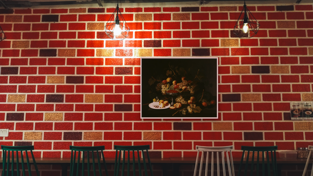 Still Life with Fruit and Sliced Lemon by Severin Roesen, shown at 30 × 40 in (76.2 × 101.6 cm) on canvas in Arber Warm Walnut, restaurant