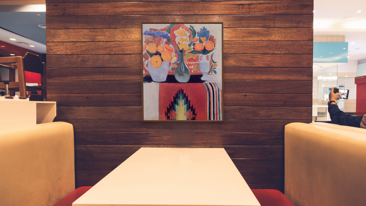 Still Life by Joseph Stella, shown at 32 × 40 in (81.3 × 101.6 cm) on canvas in Arber Warm Walnut, restaurant