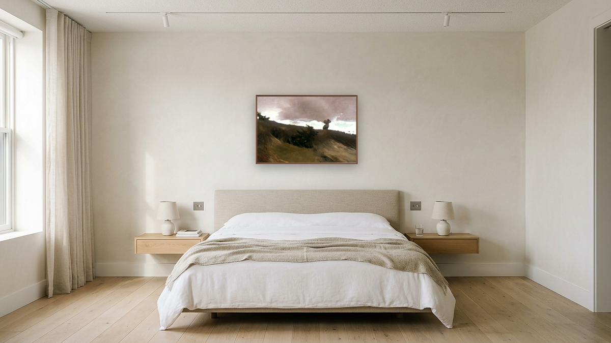 The West Wind by Winslow Homer, shown at 28 × 42 in (71.1 × 106.7 cm) on canvas in Arber Warm Walnut, hotel guest room