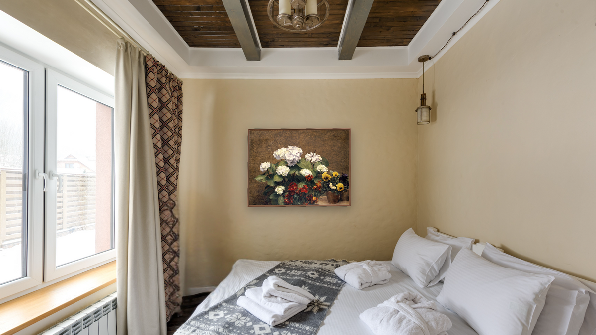 Hydrangeas, Wallflowers and Two Pots of Pansies by Henri Fantin-Latour, shown at 30 × 40 in (76.2 × 101.6 cm) on canvas in Arber Warm Walnut, hotel guest room