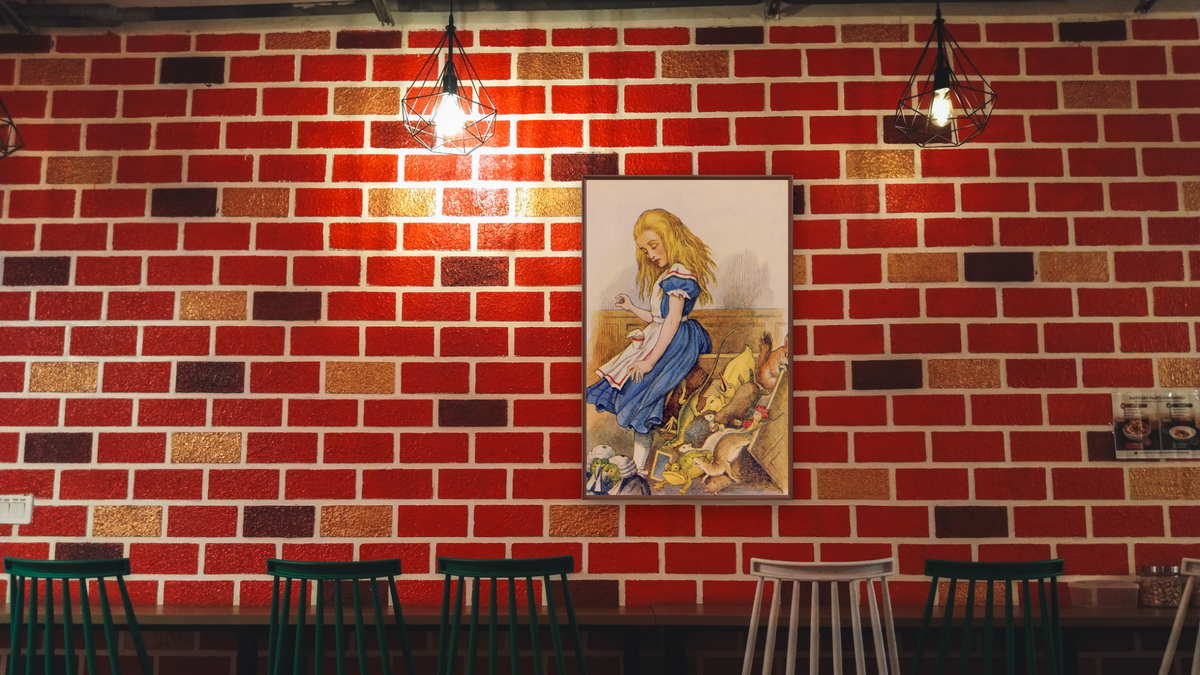 Alice Upsets the Jury-Box, illustration from 'Alice in Wonderland' by Lewis Carroll by John Tenniel, shown at 28 × 42 in (71.1 × 106.7 cm) on canvas in Arber Warm Walnut, restaurant
