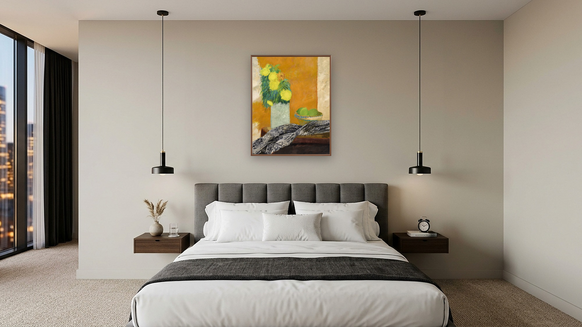 La Jatte de Citrons by Guy Bardone, shown at 32 × 40 in (81.3 × 101.6 cm) on canvas in Arber Warm Walnut, hotel guest room