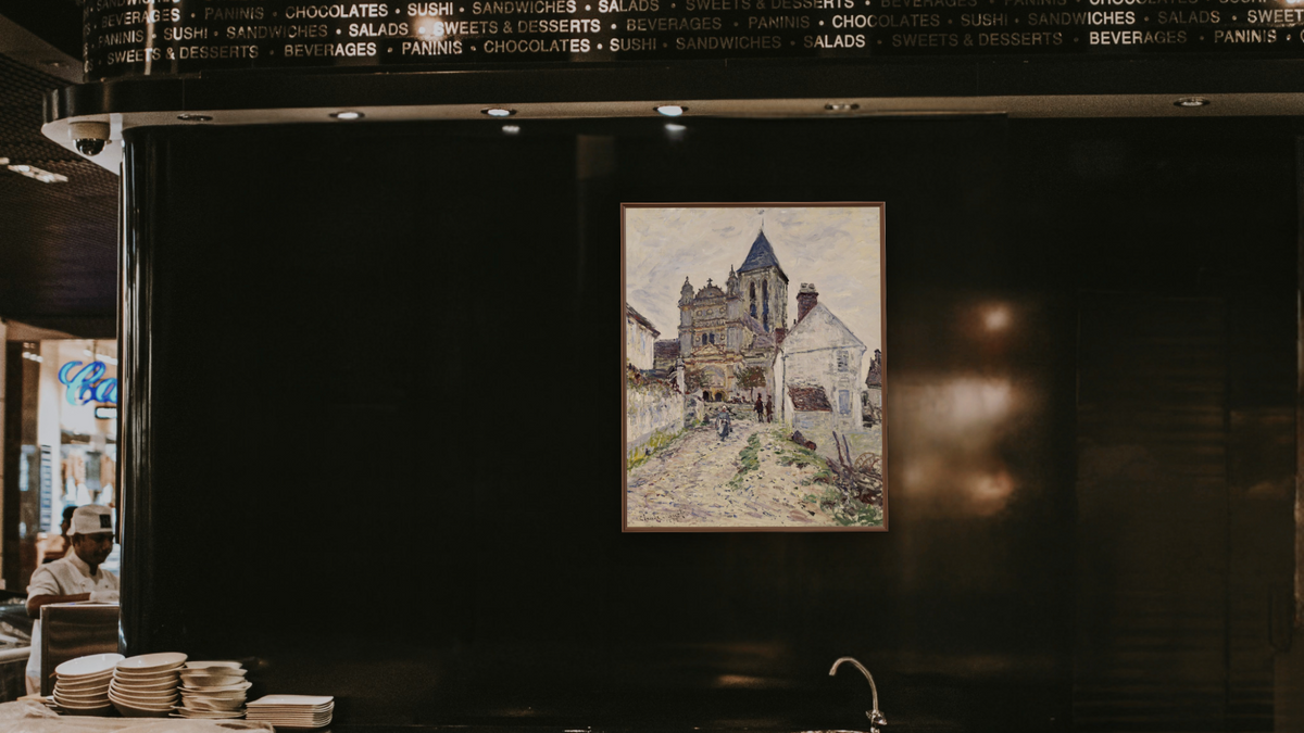 The Church at Vétheuil by Claude Monet, shown at 32 × 40 in (81.3 × 101.6 cm) on canvas in Arber Warm Walnut, restaurant