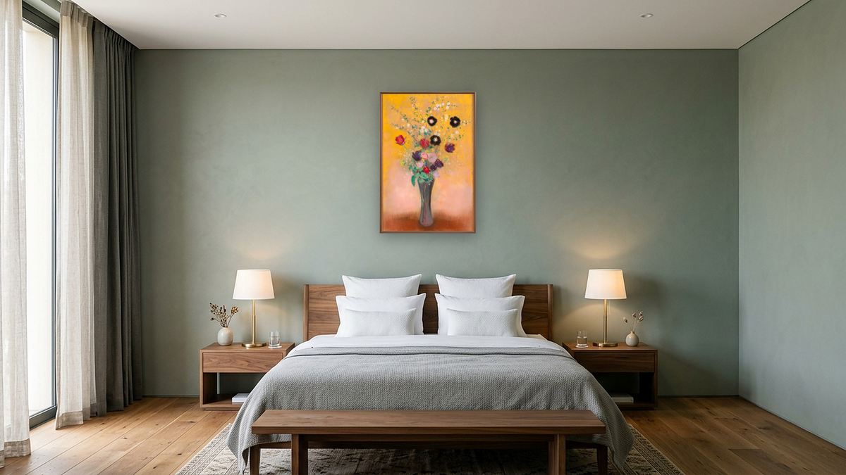 Vase of Flowers by Odilon Redon, shown at 28 × 42 in (71.1 × 106.7 cm) on canvas in Arber Warm Walnut, hotel guest room