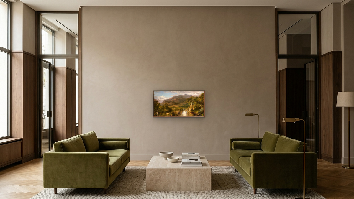 Heart of the Andes by Frederic Edwin Church, shown at 20 × 40 in (50.8 × 101.6 cm) on canvas in Arber Warm Walnut, hotel lobby
