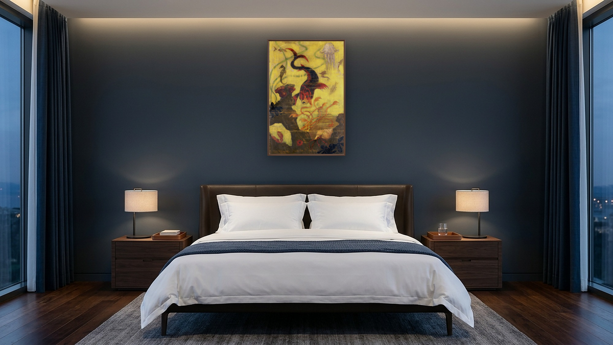 Poissons Et Crustacaes by Paul Elie Ranson, shown at 28 × 42 in (71.1 × 106.7 cm) on canvas in Arber Warm Walnut, hotel guest room