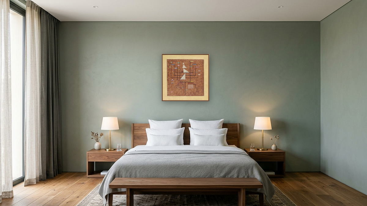 Gelber Rand (Yellow Border), shown at 32 × 32 in (81.3 × 81.3 cm) on canvas in Arber Warm Walnut, hotel guest room