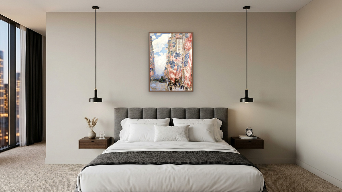 The Fourth of July, 1916 by Childe Hassam, shown at 30 × 40 in (76.2 × 101.6 cm) on canvas in Arber Warm Walnut, hotel guest room