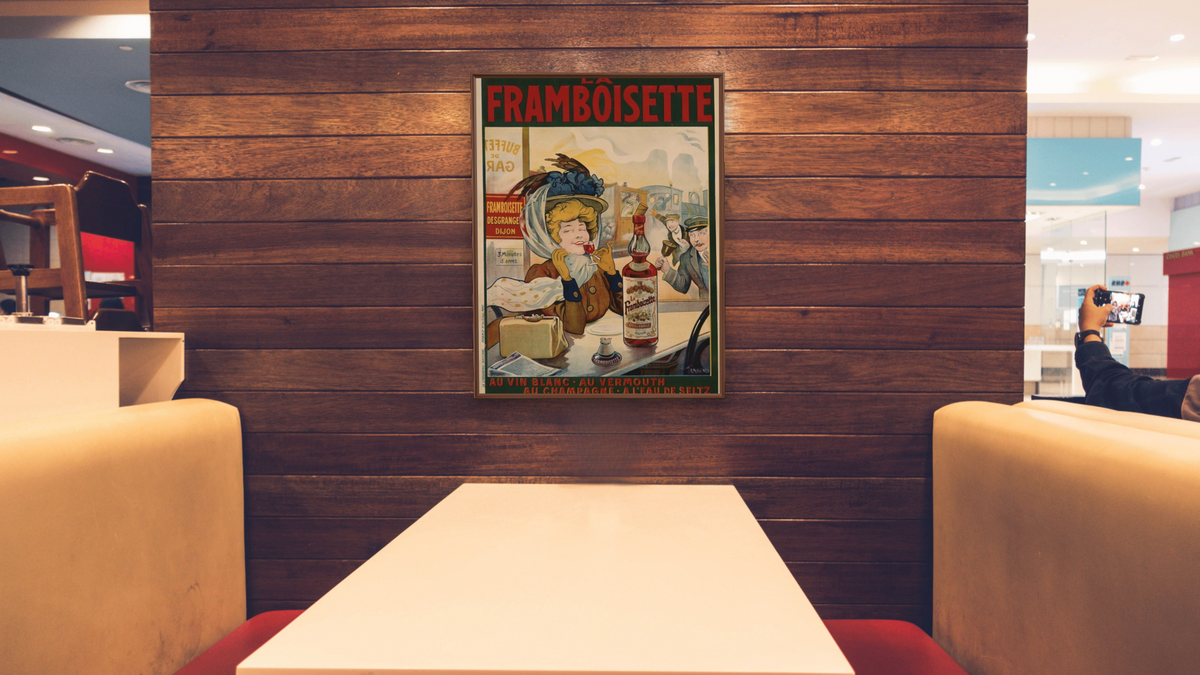 Framboisette Poster by Tamagno, shown at 30 × 40 in (76.2 × 101.6 cm) on canvas in Arber Warm Walnut, restaurant