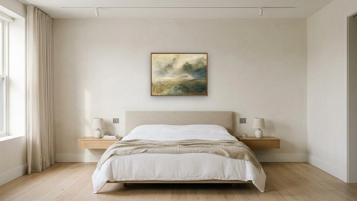 Rough Sea with Wreckage by Joseph Mallord William Turner, shown at 30 × 40 in (76.2 × 101.6 cm) on canvas in Arber Warm Walnut, hotel guest room