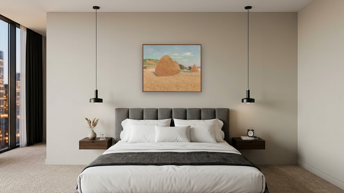 Studies of an Autumn Day by John Leslie Breck, shown at 32 × 40 in (81.3 × 101.6 cm) on canvas in Arber Warm Walnut, hotel guest room
