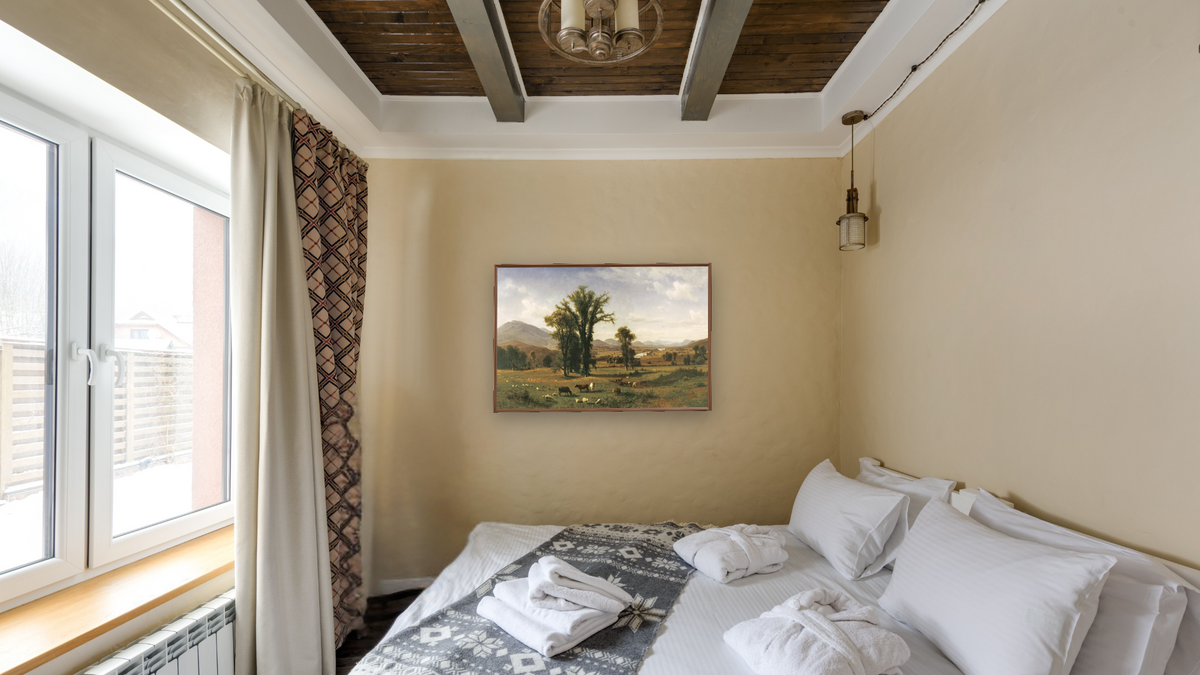 Mt. Ascutney from Claremont, New Hampshire by Albert Bierstadt, shown at 28 × 42 in (71.1 × 106.7 cm) on canvas in Arber Warm Walnut, hotel guest room
