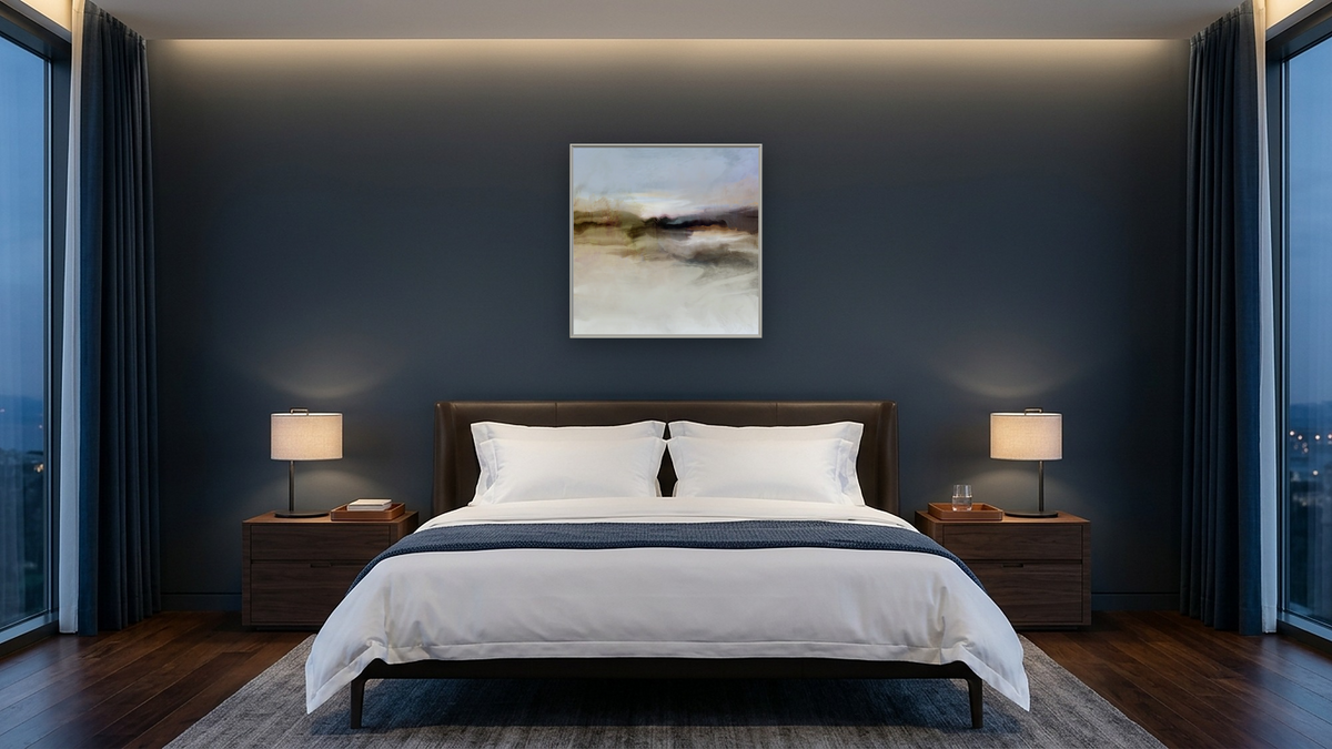 Solitude by Dan Hobday, shown at 32 × 32 in (81.3 × 81.3 cm) on canvas in Ramino Opaque White, hotel guest room