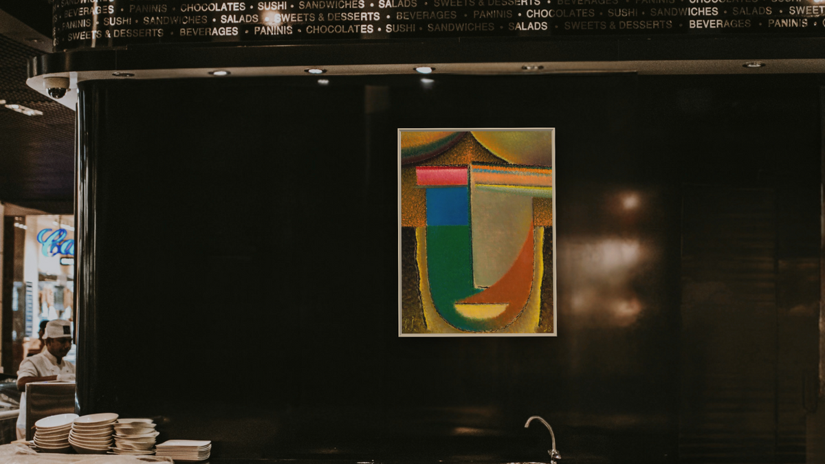 Abstract Head: Africa by Alexei Jawlensky, shown at 30 × 40 in (76.2 × 101.6 cm) on canvas in Ramino Opaque White, restaurant