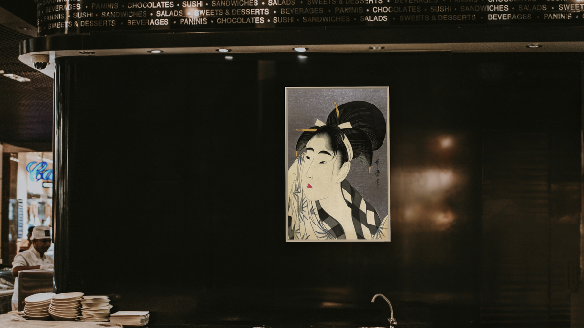 Ase o fuku onna (Woman Wiping Sweat) by Kitagawa Utamaro, shown at 28 × 42 in (71.1 × 106.7 cm) on canvas in Ramino Opaque White, restaurant