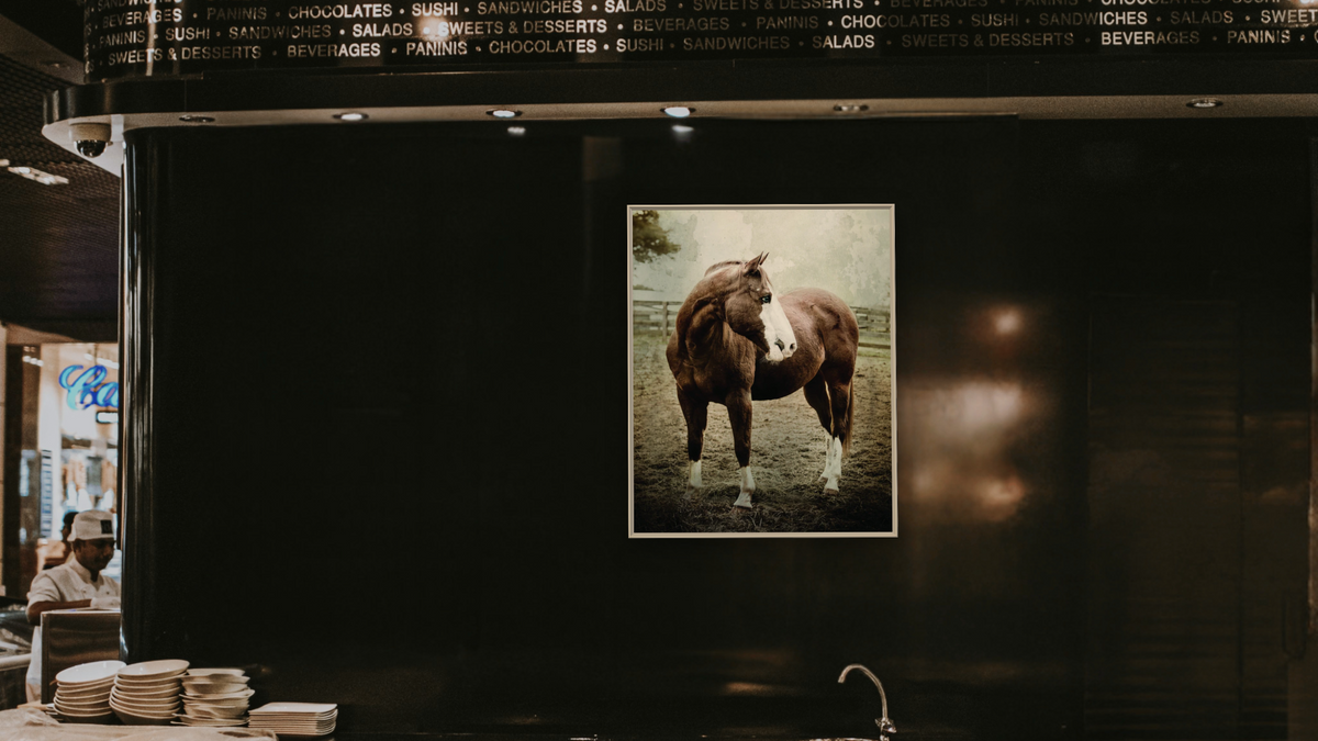 Runner by Brandon Luther, shown at 32 × 40 in (81.3 × 101.6 cm) on canvas in Ramino Opaque White, restaurant