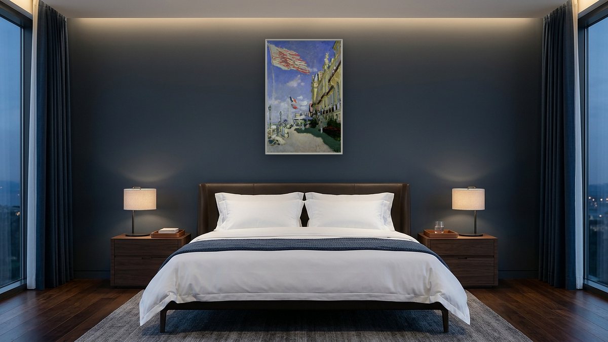 The Hotel des Roches Noires at Trouville by Claude Monet, shown at 28 × 42 in (71.1 × 106.7 cm) on canvas in Ramino Opaque White, hotel guest room