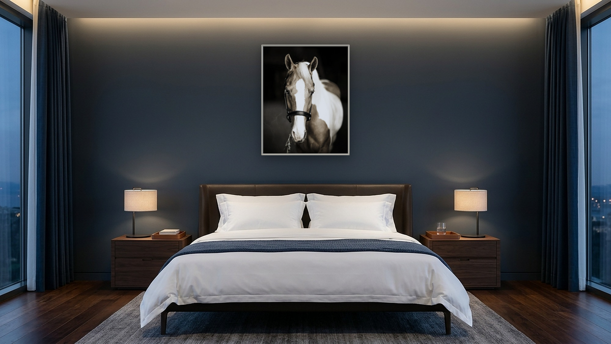 Scout by Brandon Luther, shown at 32 × 40 in (81.3 × 101.6 cm) on canvas in Ramino Opaque White, hotel guest room