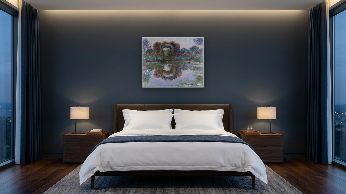 Flowering Arches, Giverny by Claude Monet, shown at 32 × 40 in (81.3 × 101.6 cm) on canvas in Ramino Opaque White, hotel guest room
