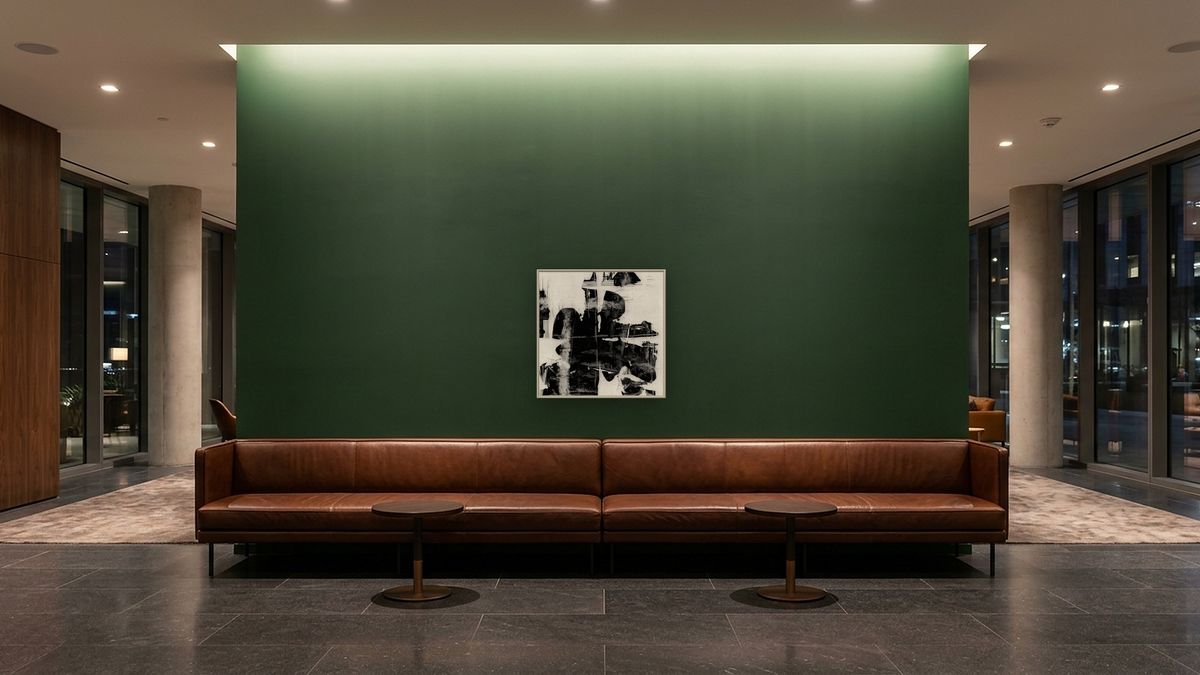 Plume SQ by Dan Hobday, shown at 32 × 32 in (81.3 × 81.3 cm) on canvas in Ramino Opaque White, hotel lobby
