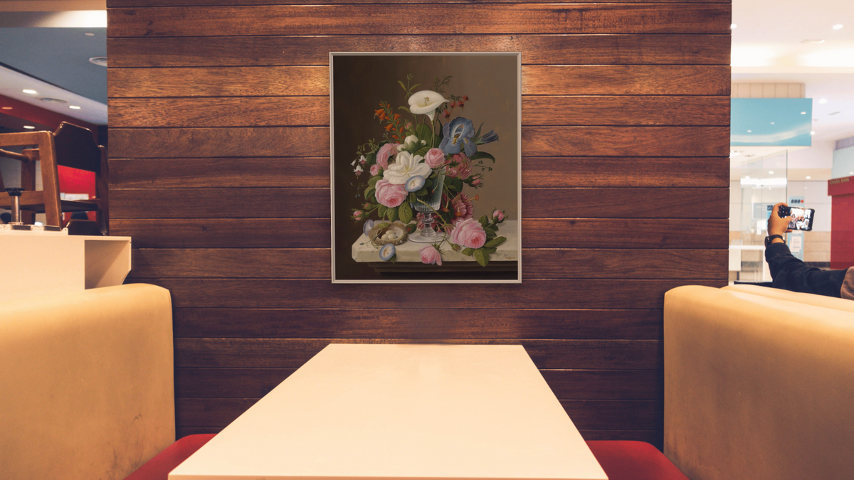 Early Summer Flowers in a Celery Glass by Severin Roesen, shown at 32 × 40 in (81.3 × 101.6 cm) on canvas in Ramino Opaque White, restaurant