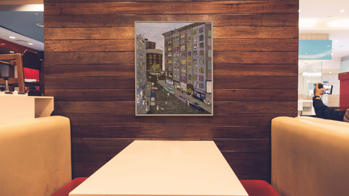 City Scene by Ralph Fasanella, shown at 32 × 40 in (81.3 × 101.6 cm) on canvas in Ramino Opaque White, restaurant