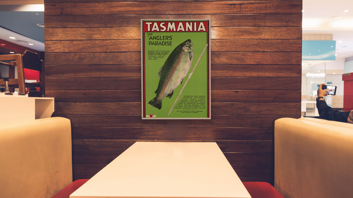 BPL Travel Posters, shown at 28 × 42 in (71.1 × 106.7 cm) on canvas in Ramino Opaque White, restaurant