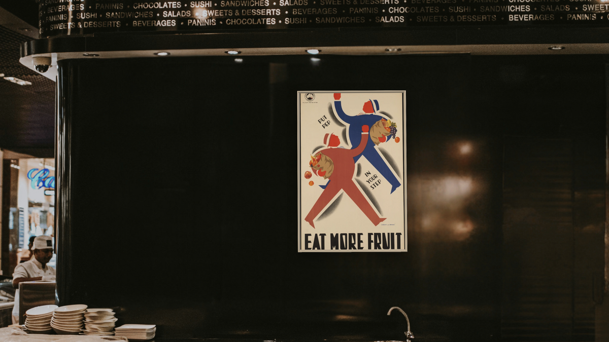 BPL Travel Posters, shown at 28 × 42 in (71.1 × 106.7 cm) on canvas in Ramino Opaque White, restaurant