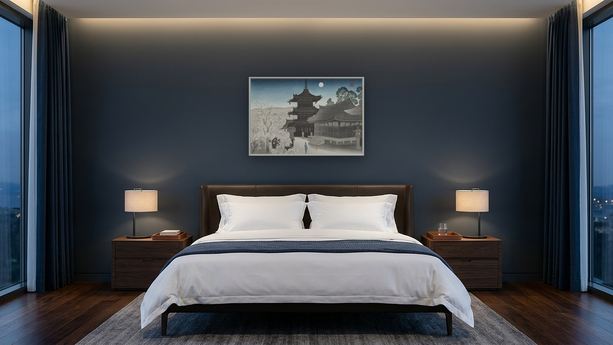 Kiyomizu Temple on a Spring Night (Haru no Yo no Kiyomizu) by Miki Suizan, shown at 28 × 42 in (71.1 × 106.7 cm) on canvas in Ramino Opaque White, hotel guest room