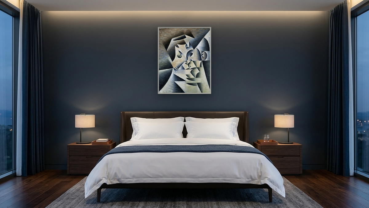 Portrait of Josette by Juan Gris, shown at 32 × 40 in (81.3 × 101.6 cm) on canvas in Ramino Opaque White, hotel guest room