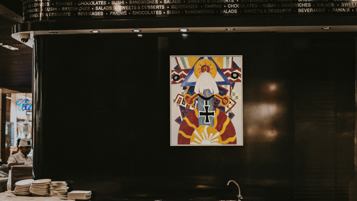 Painting Number 49, Berline by Marsden Hartley, shown at 32 × 40 in (81.3 × 101.6 cm) on canvas in Ramino Opaque White, restaurant