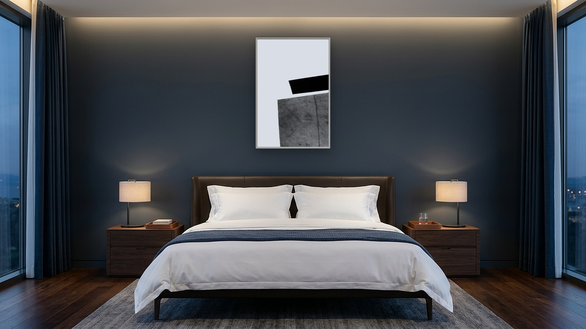 Mono Set 1 by Dan Hobday, shown at 28 × 42 in (71.1 × 106.7 cm) on canvas in Ramino Opaque White, hotel guest room