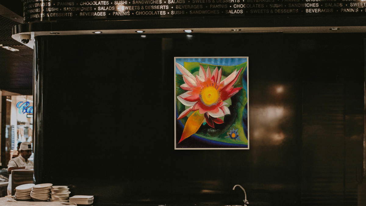 The Water Lily by Joseph Stella, shown at 32 × 40 in (81.3 × 101.6 cm) on canvas in Ramino Opaque White, restaurant