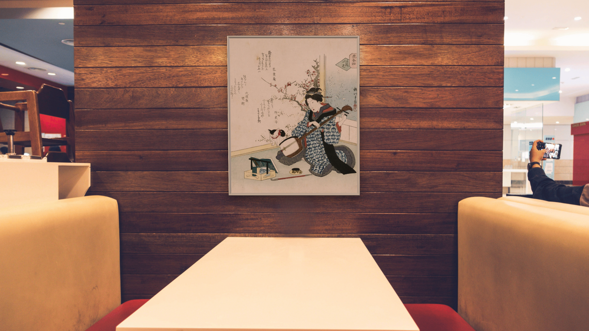 Te-ike no hana 'Hand-picked flower' by Yanagawa Shigenobu II, shown at 32 × 40 in (81.3 × 101.6 cm) on canvas in Ramino Opaque White, restaurant