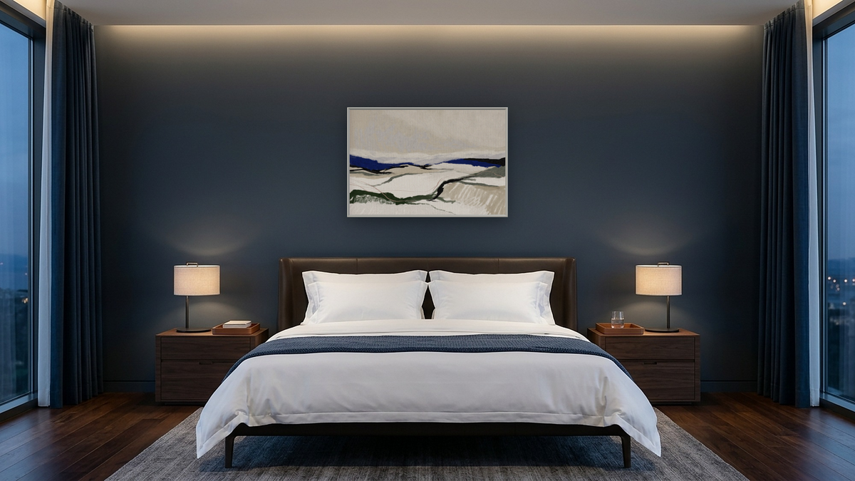 Beach Track by Dan Hobday, shown at 28 × 42 in (71.1 × 106.7 cm) on canvas in Ramino Opaque White, hotel guest room