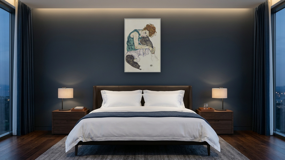 Seated Woman with Bent Knee by Egon Schiele, shown at 28 × 42 in (71.1 × 106.7 cm) on canvas in Ramino Opaque White, hotel guest room